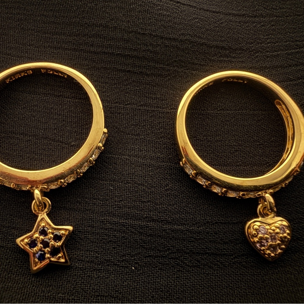 Kirks Folly Gold Tone Rings Star Heart Charms Cubic Zirconia Blue Stone Size 8 - Picture 2 of 2